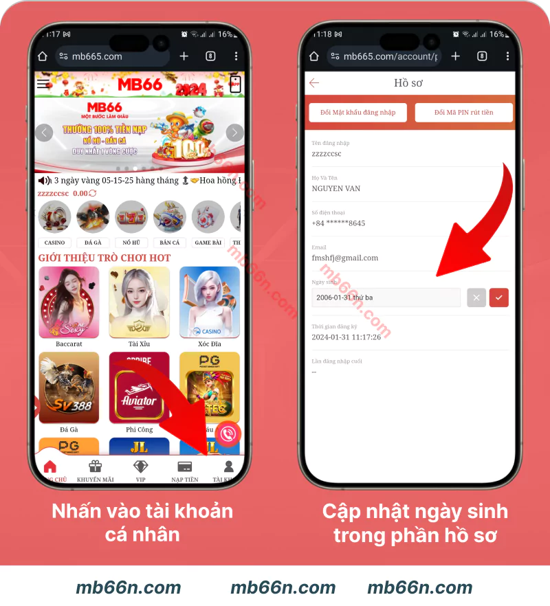ĐĂNG KÝ MB66 - CÁCH TẠO TÀI KHOẢN MB66 ĐƠN GIẢN 5 Thay đổi thông tin tài khoản mới đăng ký lần đầu