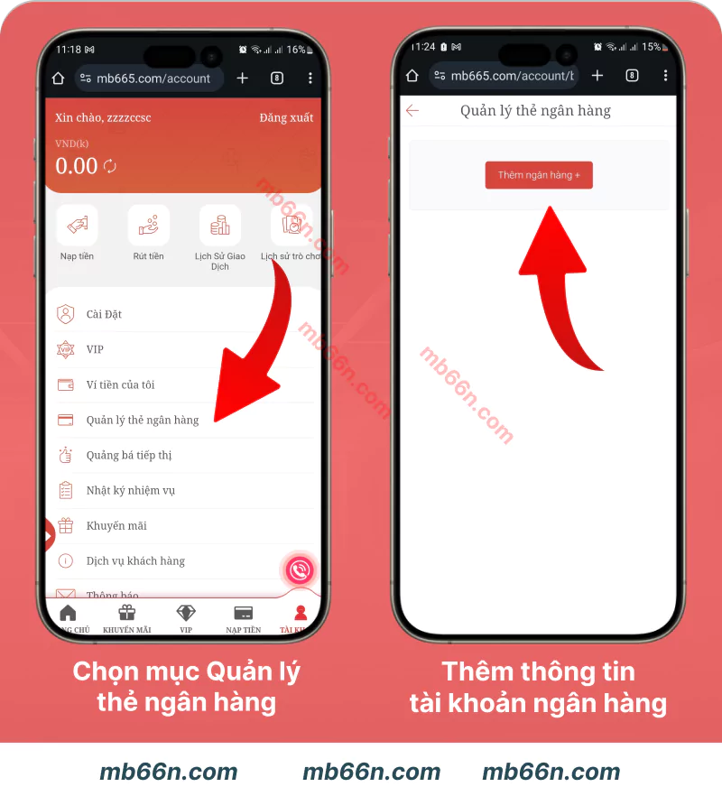 ĐĂNG KÝ MB66 - CÁCH TẠO TÀI KHOẢN MB66 ĐƠN GIẢN 6 Thêm thông tin thẻ ngân hàng cho tài khoản mới đăng ký